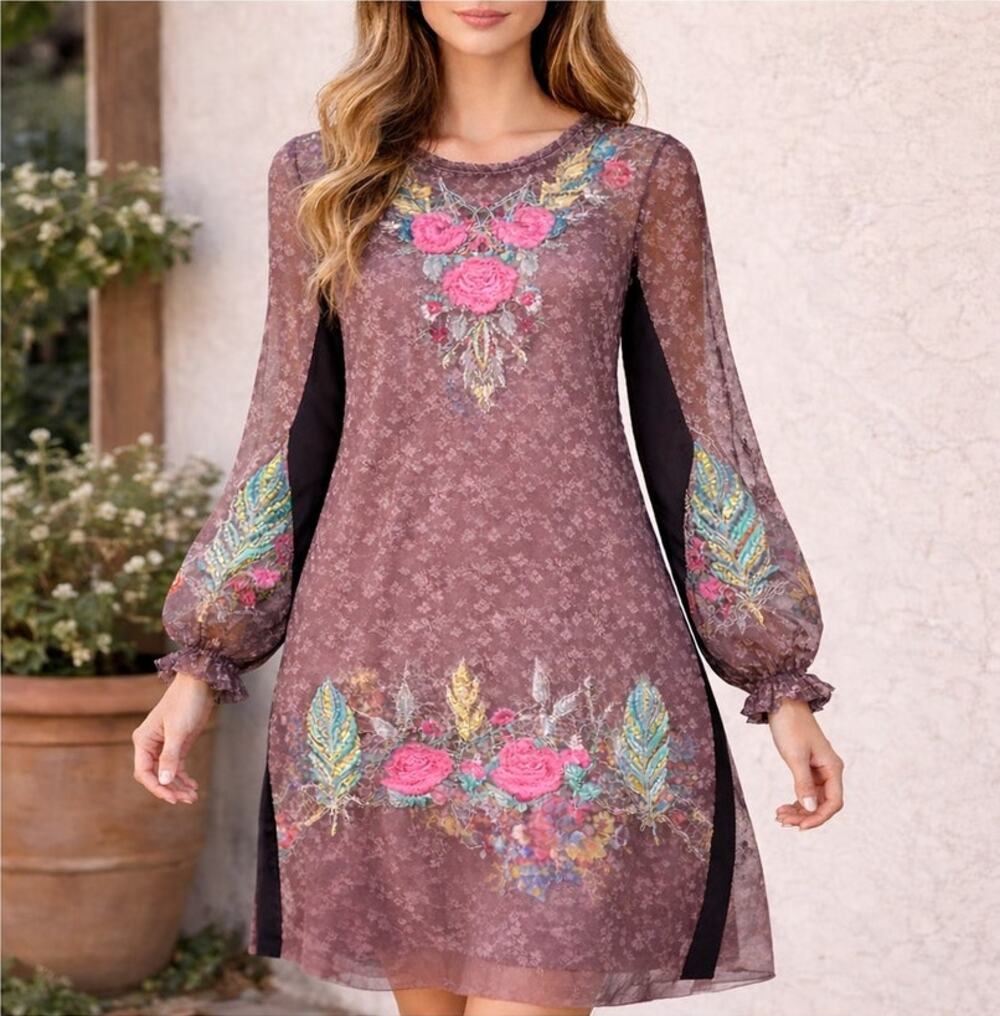 BIYA JOHNNY WAS | Embroidered Floral Sheer Mesh Long Sleeve Dress Knee Length S